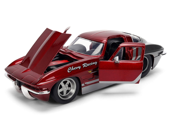 1963 Chevrolet Corvette Stingray "Chevy Racing" Red Metallic and Gray "Bigtime Muscle" Series 1/24 Diecast Model Car by Jada image 2