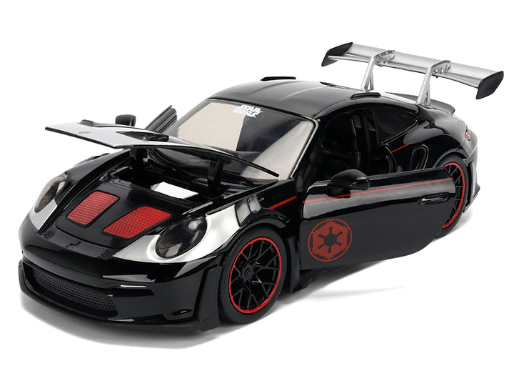 Porsche 911 GT3 RS (992) Black with Silver Hood and Graphics and Darth Vader Figure "Star Wars" Franchise "Hollywood Rides" Series 1/24 Diecast Model Car by Jada image 2