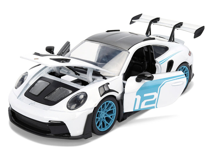 Porsche 911 GT3 RS (992) #12 White with Blue Stripes and Carbon Top "Hyper-Spec" Series 1/24 Diecast Model Car by Jada image 2