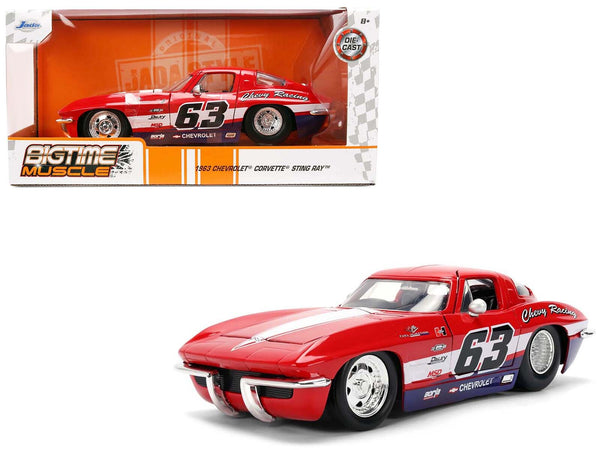 1963 Chevrolet Corvette Stingray #63 "Chevy Racing" Red with White and Blue Stripes "Bigtime Muscle" Series 1/24 Diecast Model Car by Jada