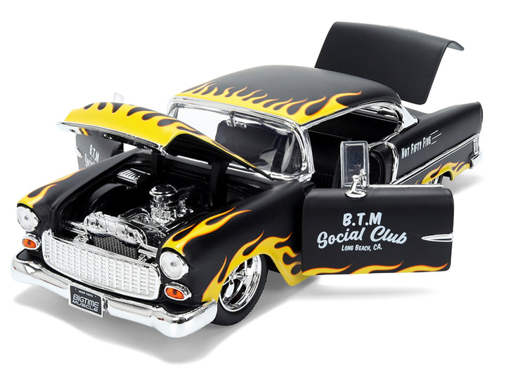 1955 Chevrolet Bel Air "BTM Social Club" Matt Black with Flames "Bigtime Muscle" Series 1/24 Diecast Model Car by Jada image 2