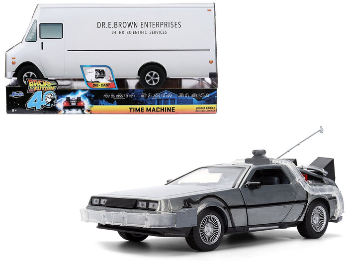 DeLorean Brushed Metal Time Machine with Lights "Back to the Future" (1985) Movie "40th Anniversary" Special Packaging "Hollywood Rides" Series 1/24 Diecast Model Car by Jada