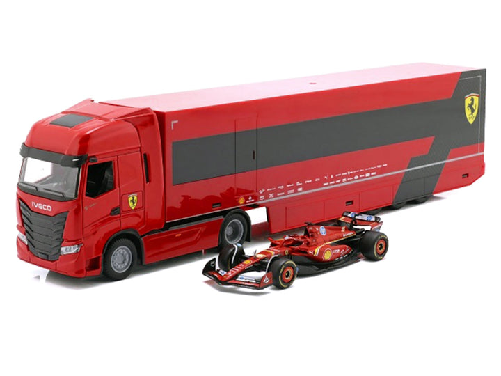 Iveco S-Way 570 Car Transporter Red and Ferrari SF-24 #16 Charles Leclerc Formula One F1 World Championship (2024) "Racing Hauler" Series 1/43 Diecast Model Car by Bburago image 2
