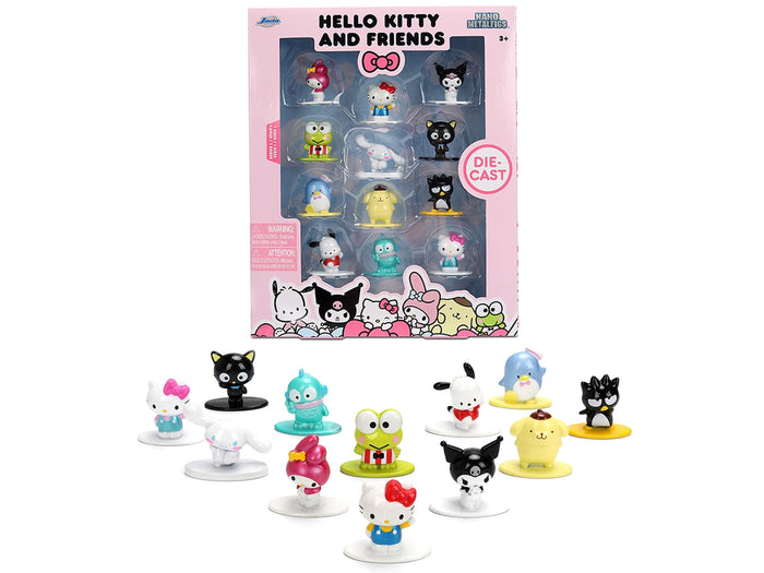 Jada 37119 Hello Kitty and Friends Nano Metalfigs 12-figure set in pink front-window packaging, with the figures arranged below.