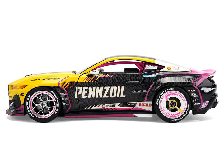 Ben Hobson number 213 Pennzoil Mustang RTR in yellow, black and pink, closed side view, Jada 37245, 1:24