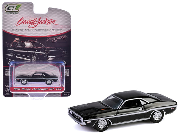 1970 Dodge Challenger R/T 440 Black with White Stripes "Barrett-Jackson" Series 15 1/64 Diecast Model Car by Greenlight