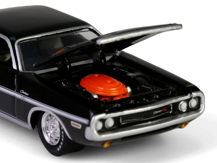 1970 Dodge Challenger R/T 440 Black with White Stripes "Barrett-Jackson" Series 15 1/64 Diecast Model Car by Greenlight image 2