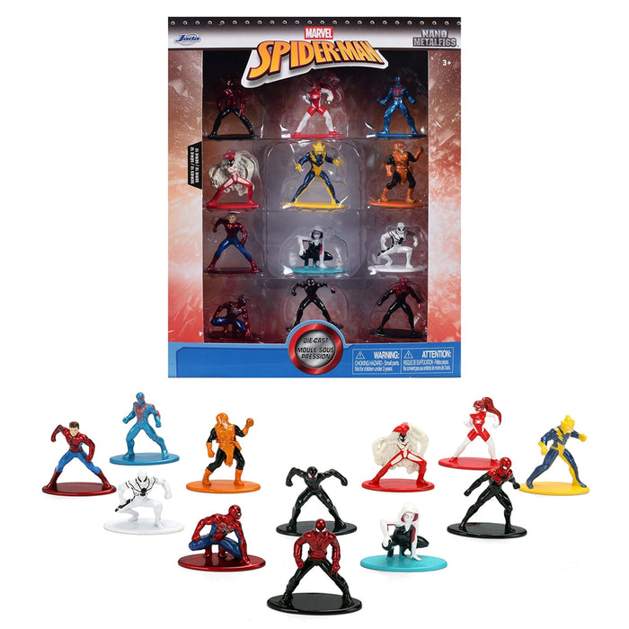 Jada 37378 Spider-Man Nano Metalfigs 12-figure set in Marvel retail packaging, with the figures arranged below.