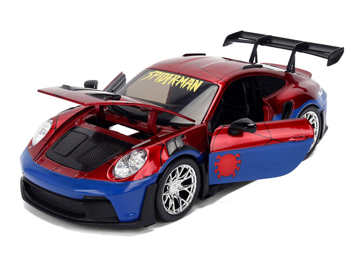 Porsche 911 GT3 RS (992) Red and Blue with Graphics and Spider-Man Diecast Figure "Marvel Spider-Man" "Hollywood Rides" Series 1/24 Diecast Model Car by Jada image 2