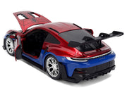 Porsche 911 GT3 RS (992) Red and Blue with Graphics and Spider-Man Diecast Figure "Marvel Spider-Man" "Hollywood Rides" Series 1/24 Diecast Model Car by Jada image 4