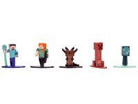 Close-up of five block-shaped Minecraft miniatures from the Jada 37541 twelve-figure assortment