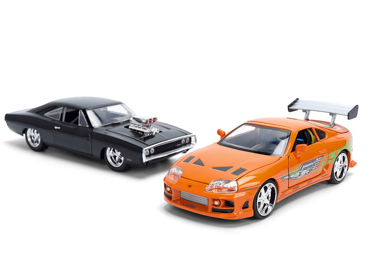 Dom's 1970 Dodge Charger R/T Black and Brian's Toyota Supra Orange with Graphics Set of 2 Cars "Fast & Furious 25th Anniversary" "Fast & Furious" Series 1/24 Diecast Model Cars by Jada image 2