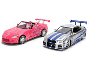 Brian's Nissan Skyline GT-R (R34) Silver Metallic with Blue Stripes and Suki's Honda S2000 Pink with Graphics Set of 2 Cars "Fast & Furious 25th Anniversary" "Fast & Furious" Series 1/24 Diecast Model Cars by Jada image 2