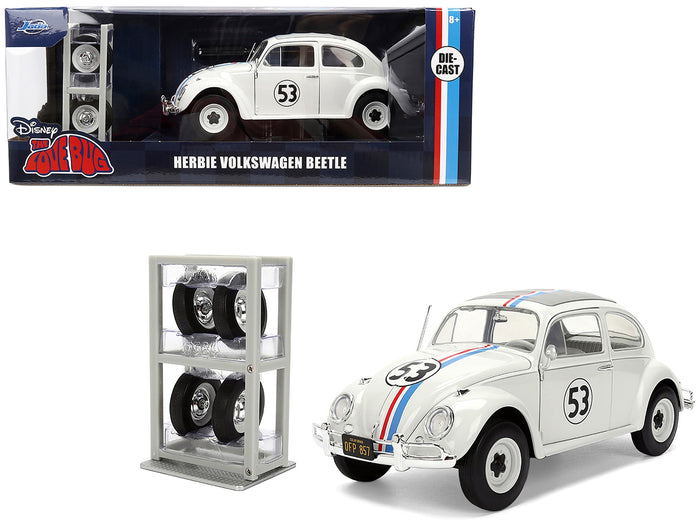 Volkswagen Beetle #53 "Herbie" White with Stripes "The Love Bug" (1968) Movie with Extra Wheels 1/24 Diecast Model Car by Jada