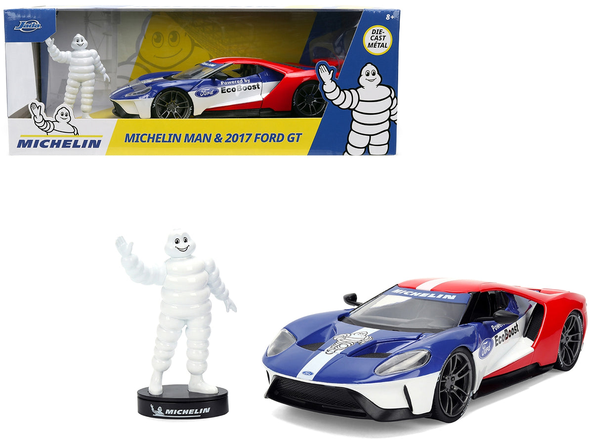 2017 Ford GT Blue and Red with White Stripes with Michelin Man Diecast Figure "Michelin Tires" "Hollywood Rides" Series 1/24 Diecast Model Car by Jada