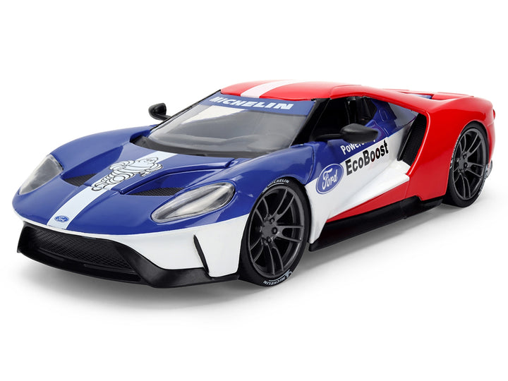 2017 Ford GT Blue and Red with White Stripes with Michelin Man Diecast Figure "Michelin Tires" "Hollywood Rides" Series 1/24 Diecast Model Car by Jada image 2