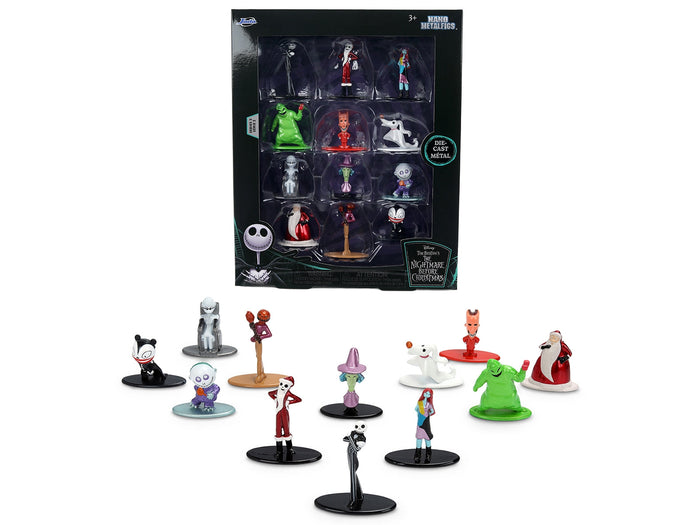 Jada 37683 Disney Tim Burton's The Nightmare Before Christmas Nano Metalfigs 12-figure set in retail packaging, with the figures arranged below.