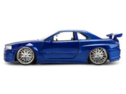 Brian's Nissan Skyline GT-R (R34) RHD (Right Hand Drive) Blue Color Brush Finish 25 Years of Fast & Furious Anniversary "2 Fast 2 Furious" (2003) Movie "Fast & Furious" 1/24 Diecast Model Car by Jada image 3