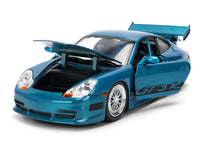 Front three-quarter view of blue brush-finish Porsche 911 GT3 RS with front compartment and doors open, Jada 37819