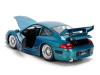 Rear three-quarter view of blue brush-finish Porsche 911 GT3 RS with doors and rear compartment open, Jada 37819