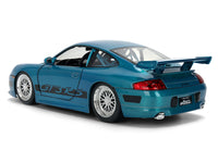 Rear three-quarter view of blue brush-finish Porsche 911 GT3 RS with closed panels and large rear wing, Jada 37819