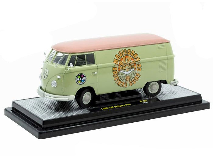 1960 Volkswagen Delivery Van "Maui & Sons" Light Olive Green with Salmon Top Limited Edition to 6650 pieces Worldwide 1/24 Diecast Model Car by M2 Machines