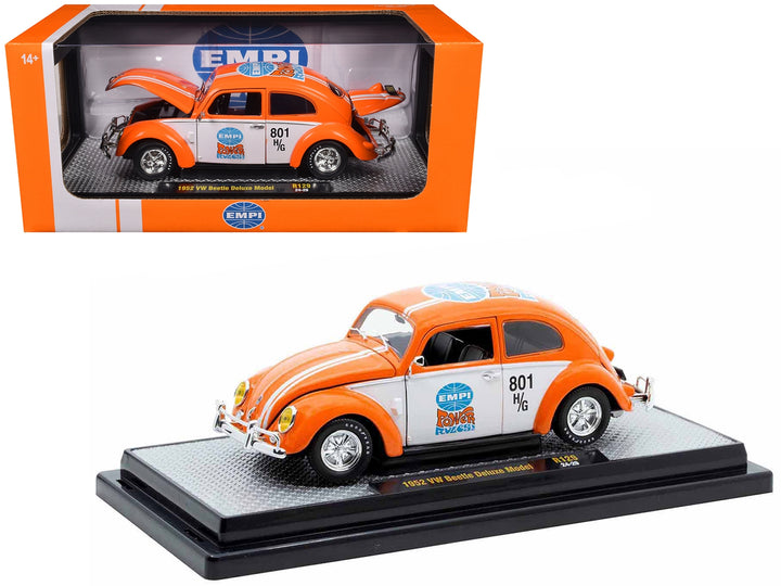 1952 Volkswagen Beetle Deluxe Model "EMPI Power Rules" Orange and White with Graphics Limited Edition to 6650 pieces Worldwide 1/24 Diecast Model Car by M2 Machines image 2