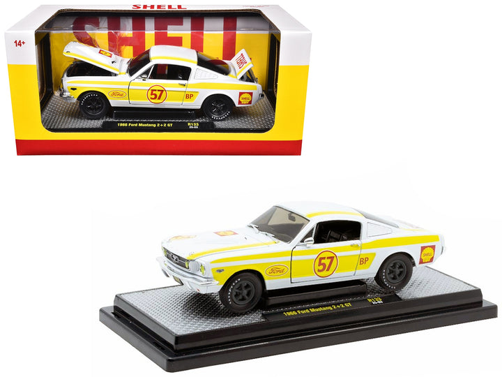 1966 Ford Mustang 2+2 GT #57 "Shell Oil" White with Yellow Stripes Limited Edition to 5650 pieces Worldwide 1/24 Diecast Model Car by M2 Machines image 2