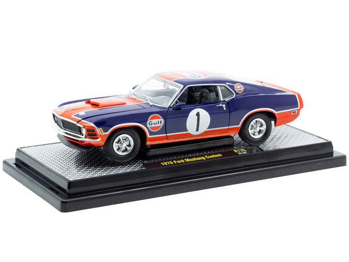 1970 Ford Mustang Custom #1 "Gulf Oil" Dark Blue with Orange Graphics Limited Edition to 7850 pieces Worldwide 1/24 Diecast Model Car by M2 Machines image 2
