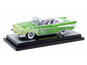 1957 Chevrolet Bel Air Convertible Green Metallic with Flame Graphics and Purple and White Interior Limited Edition to 4050 pieces Worldwide 1/24 Diecast Model Car by M2 Machines image 2
