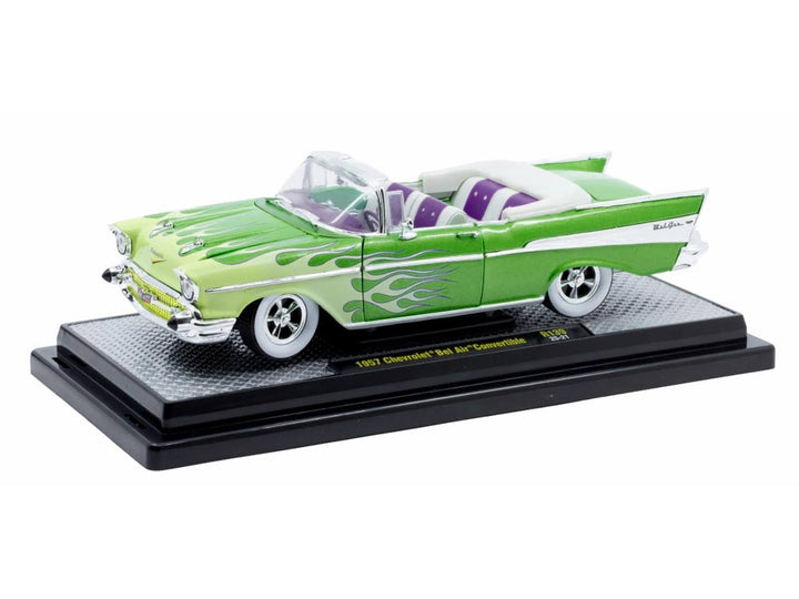 1957 Chevrolet Bel Air Convertible Green Metallic with Flame Graphics and Purple and White Interior Limited Edition to 4050 pieces Worldwide 1/24 Diecast Model Car by M2 Machines image 2