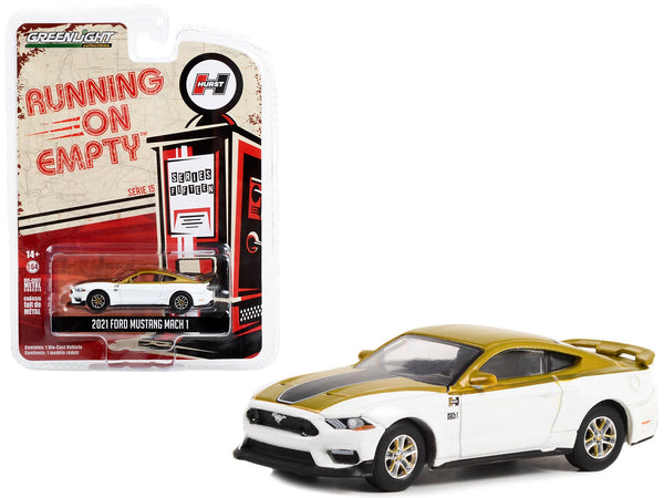 GreenLight 1:64 2021 Ford Mustang Mach 1, Hurst Performance, white and gold with black stripe — item 41150E