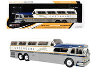 GM PD-4501 Scenicruiser Coach Bus "Greyhound Bus Lines - 50th Anniversary" Raw Metal with Blue and White Top and Gold Stripes "The Bus & Motorcoach Collection" 1/43 Plastic Model by Iconic Replicas