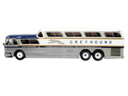 GM PD-4501 Scenicruiser Coach Bus "Greyhound Bus Lines - 50th Anniversary" Raw Metal with Blue and White Top and Gold Stripes "The Bus & Motorcoach Collection" 1/43 Plastic Model by Iconic Replicas image 2