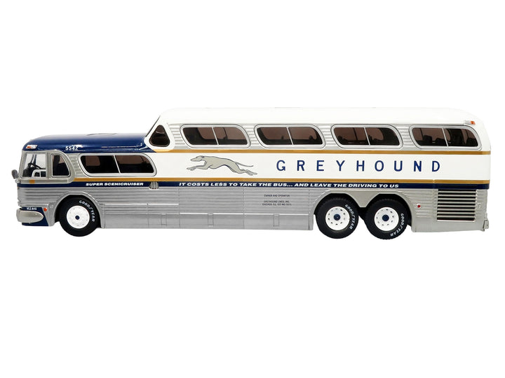 GM PD-4501 Scenicruiser Coach Bus "Greyhound Bus Lines - 50th Anniversary" Raw Metal with Blue and White Top and Gold Stripes "The Bus & Motorcoach Collection" 1/43 Plastic Model by Iconic Replicas image 2