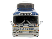 GM PD-4501 Scenicruiser Coach Bus "Greyhound Bus Lines - 50th Anniversary" Raw Metal with Blue and White Top and Gold Stripes "The Bus & Motorcoach Collection" 1/43 Plastic Model by Iconic Replicas image 4
