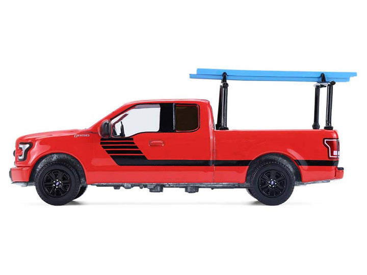 2015 Ford F-150 Pickup Truck with Ladder Rack Red with Black Stripes "Down on the Farm" Series 11 1/64 Diecast Model by Greenlight image 2