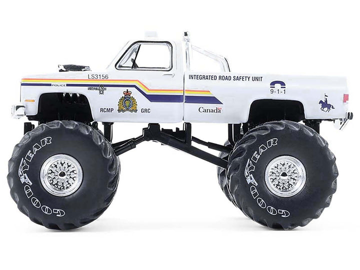 1986 Chevrolet Silverado Monster Truck "Royal Canadian Mounted Police" White with Stripes "Kings of Crunch - Hot Pursuit" Special Edition 1/64 Diecast Model Car by Greenlight image 2