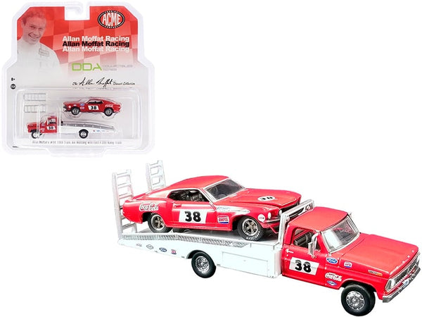 Red Coca-Cola No. 38 Mustang on a red-and-white Ford F-350 ramp truck, with the GreenLight ACME 1:64 package behind.