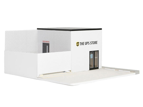 The UPS Store diorama front entrance and enclosed side area, without staged vehicles or figures; GreenLight 51491, 1:64.