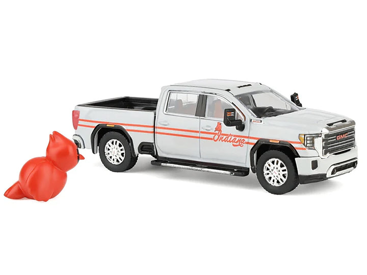 2022 GMC Sierra 3500 HD Pickup Truck "Indiana Cardinals" Silver Metallic with Red Stripes and Cardinal Figure "2025 Greenlight Waltersons Collector's Expo Exclusive" 1/64 Diecast Model Car by Greenlight image 2