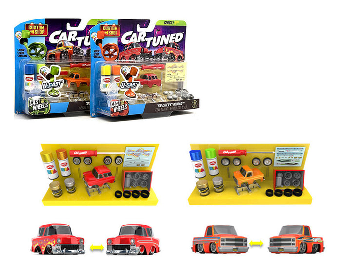 1987 Chevrolet C10 Pickup Truck Orange and 1956 Chevrolet Nomad Red "Custom Shop" 2 Car Set Diecast Model Cars by CarTuned image 2