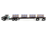 Mack Pinnacle Day Cab with Minimizer Parts & 53' Wilson Roadbrute Flatbed Trailer with "Carlisle Roofing" Loaded Pallets Black with Silver Top and Stripes 1/64 Diecast Model by DCP/First Gear