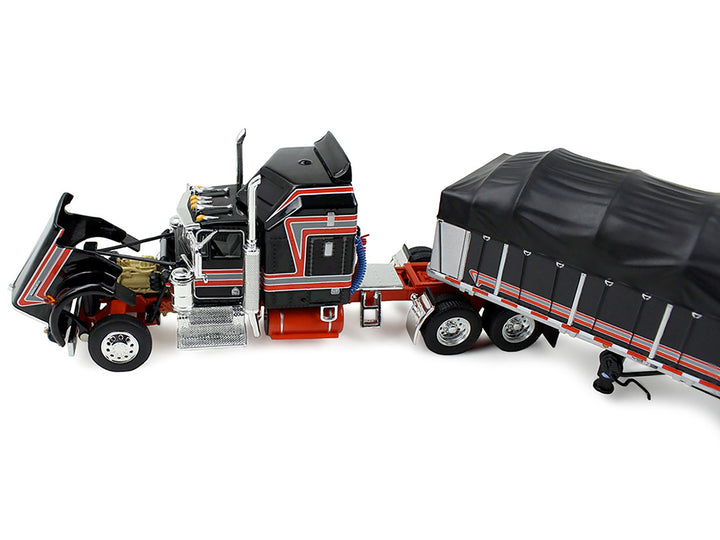 Kenworth W900A with 60" Aerodyne Sleeper and 53' Wilson Roadbrute Flatbed Trailer with Covered Wagon Black with Red Stripes 1/64 Diecast Model by DCP/First Gear image 2