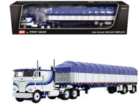 Peterbilt 352 COE 110" Sleeper and 53' Wilson Roadbrute Flatbed Trailer with Covered Wagon White with Blue Stripes 1/64 Diecast Model by DCP/First Gear