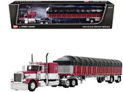 Peterbilt 389 with 63" Flat Top Sleeper and 53' Wilson Roadbrute Flatbed Trailer with Covered Wagon Maroon with White Stripes 1/64 Diecast Model by DCP/First Gear