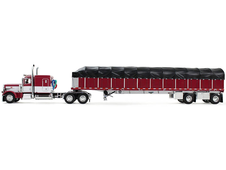 Peterbilt 389 with 63" Flat Top Sleeper and 53' Wilson Roadbrute Flatbed Trailer with Covered Wagon Maroon with White Stripes 1/64 Diecast Model by DCP/First Gear image 2