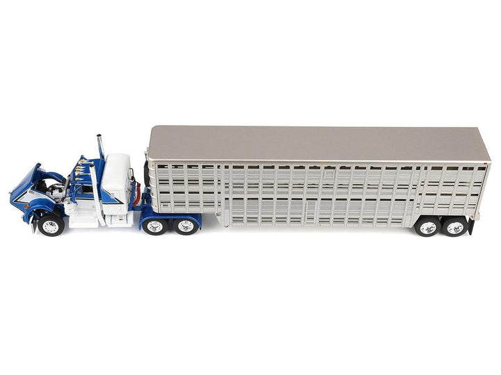 Kenworth W900A with 36" Sleeper and 45' Wilson Vintage Livestock Trailer Mariner Blue and White with Silver Trailer 1/64 Diecast Model by DCP/First Gear image 2