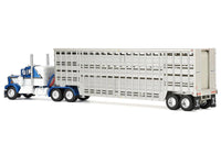Kenworth W900A with 36" Sleeper and 45' Wilson Vintage Livestock Trailer Mariner Blue and White with Silver Trailer 1/64 Diecast Model by DCP/First Gear image 3