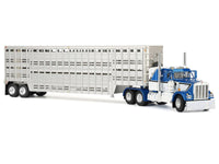 Kenworth W900A with 36" Sleeper and 45' Wilson Vintage Livestock Trailer Mariner Blue and White with Silver Trailer 1/64 Diecast Model by DCP/First Gear image 4